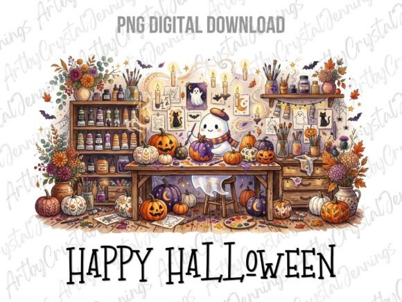 Download Cute Ghost Artist Happy Halloween PNG - Happy halloween png Collection